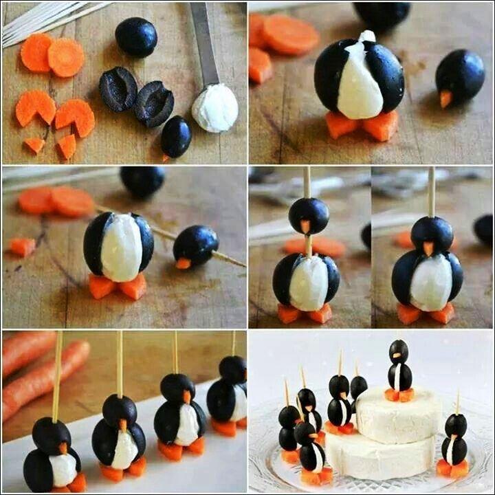 Pingvini od sira, crnih maslina i sargarepe.